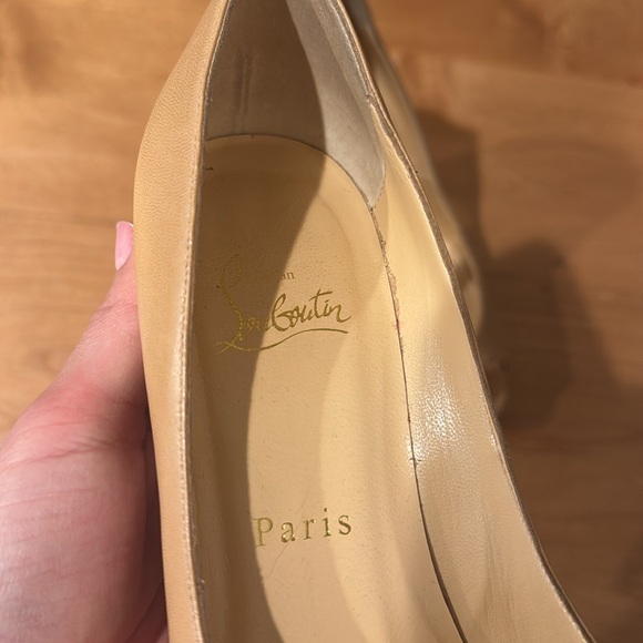 Leather Auth Christian Louboutin Nude/Tan Lady Peep Toe Platform Pumps Sz 37.5 - Picture 3 of 6